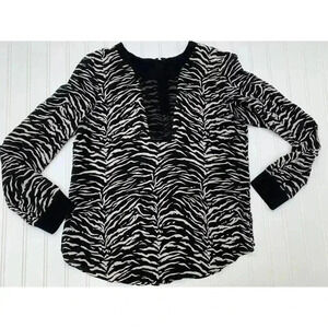Rebecca Taylor Black White Silk Zebra Print Long Sleeve Blouse Top 10.  157